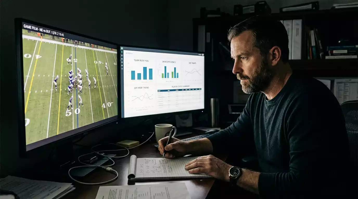 Sports analyst studying NFL game footage and advanced metrics on multiple screens